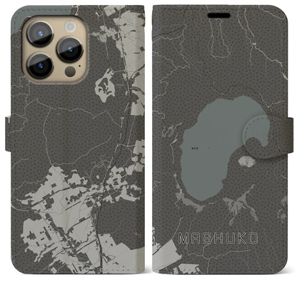 【摩周湖（北海道）】地図柄iPhoneケース（手帳タイプ）モノトーン・iPhone 14 Pro Max 用