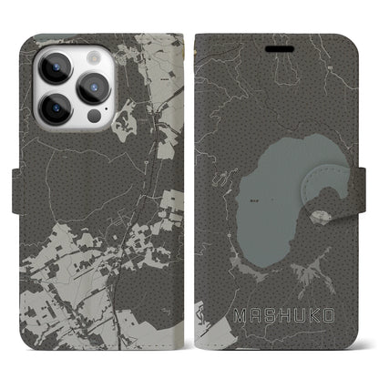 【摩周湖（北海道）】地図柄iPhoneケース（手帳タイプ）モノトーン・iPhone 14 Pro 用
