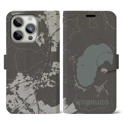 【摩周湖（北海道）】地図柄iPhoneケース（手帳タイプ）モノトーン・iPhone 15 Pro 用