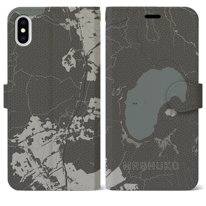 【摩周湖（北海道）】地図柄iPhoneケース（手帳タイプ）モノトーン・iPhone XS Max 用