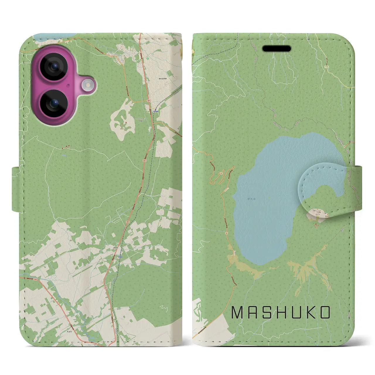 【摩周湖（北海道）】地図柄iPhoneケース（手帳タイプ）ナチュラル・iPhone 16 Pro 用