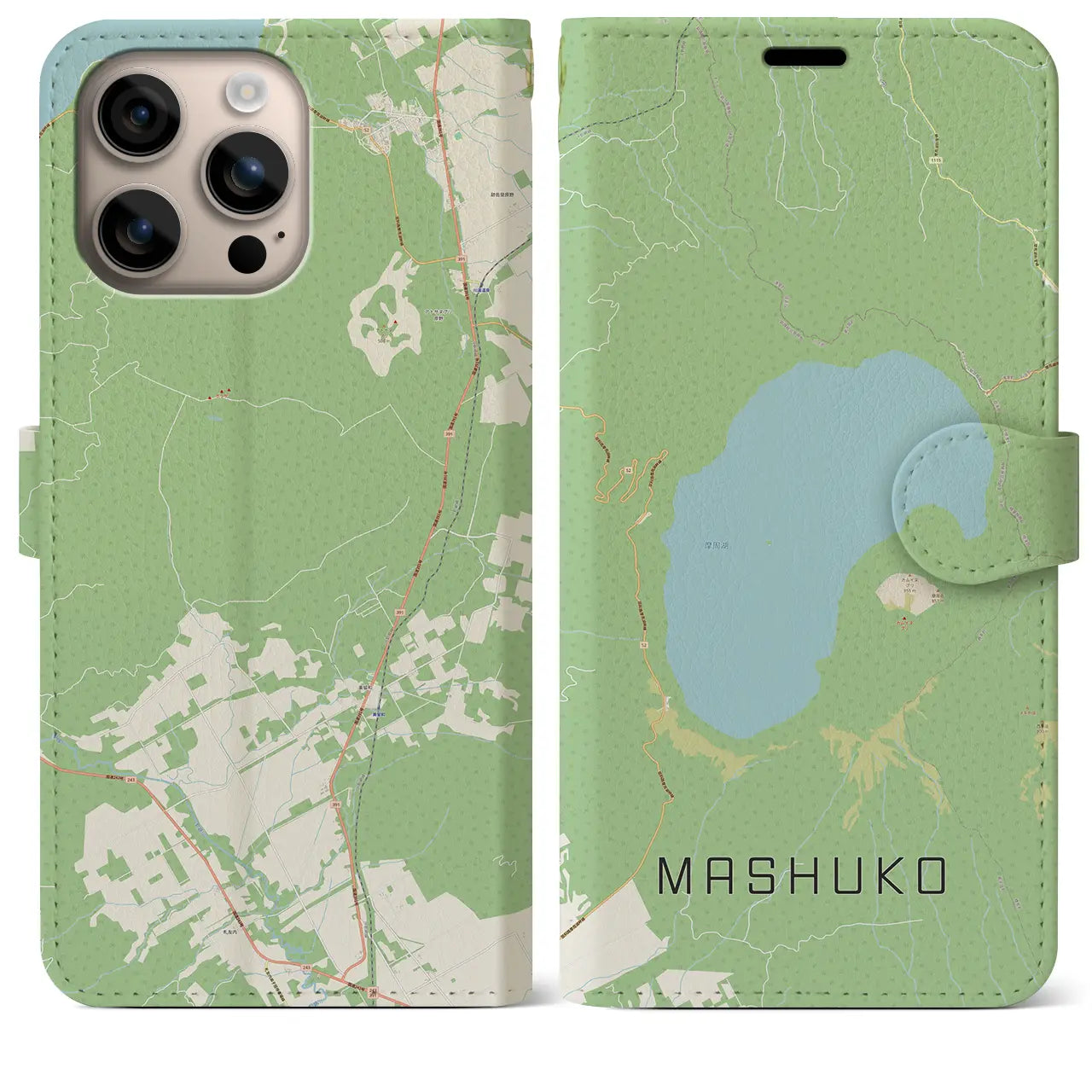 【摩周湖（北海道）】地図柄iPhoneケース（手帳タイプ）ナチュラル・iPhone 16 Plus 用