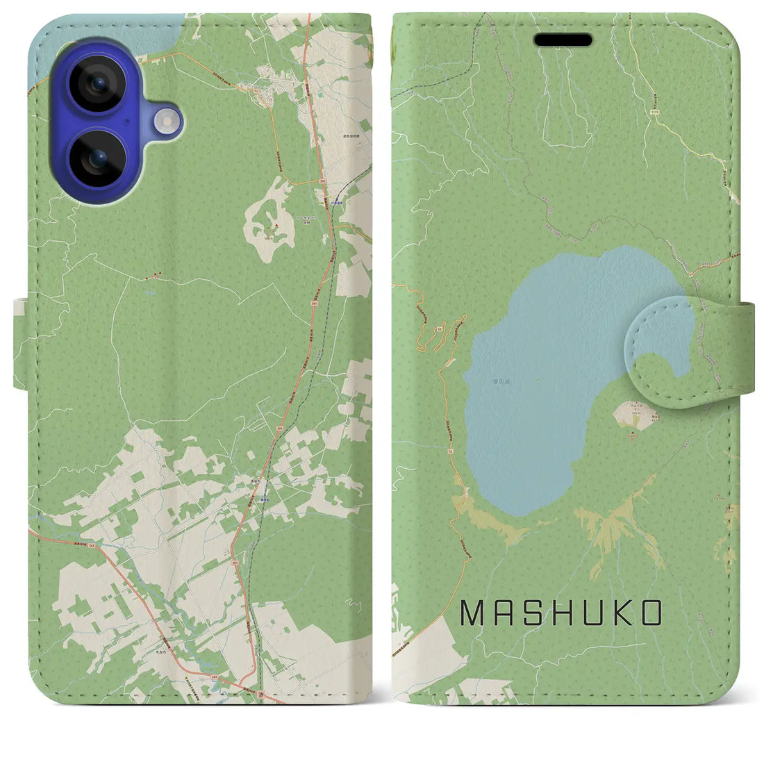 【摩周湖（北海道）】地図柄iPhoneケース（手帳タイプ）ナチュラル・iPhone 16 Pro Max 用