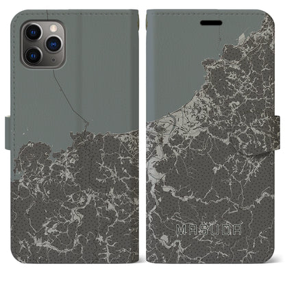 【益田（島根県）】地図柄iPhoneケース（手帳タイプ）モノトーン・iPhone 11 Pro Max 用