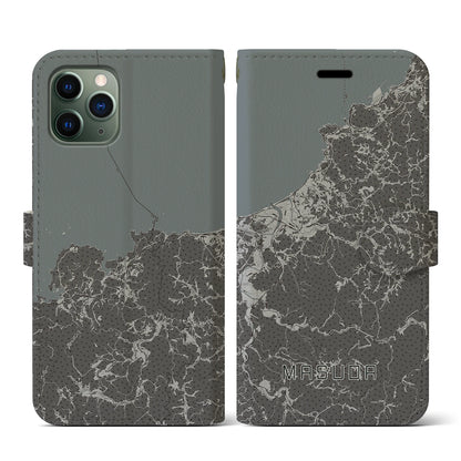 【益田（島根県）】地図柄iPhoneケース（手帳タイプ）モノトーン・iPhone 11 Pro 用