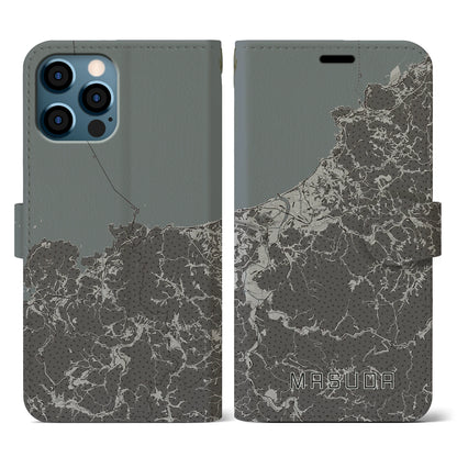 【益田（島根県）】地図柄iPhoneケース（手帳タイプ）モノトーン・iPhone 12 / 12 Pro 用