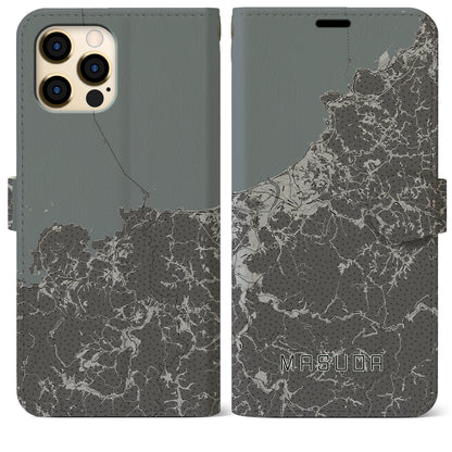 【益田（島根県）】地図柄iPhoneケース（手帳タイプ）モノトーン・iPhone 12 Pro Max 用