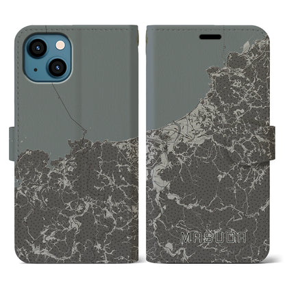 【益田（島根県）】地図柄iPhoneケース（手帳タイプ）モノトーン・iPhone 13 用