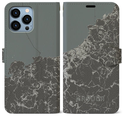 【益田（島根県）】地図柄iPhoneケース（手帳タイプ）モノトーン・iPhone 13 Pro Max 用