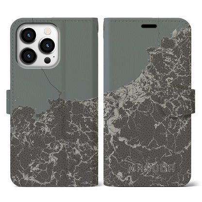 【益田（島根県）】地図柄iPhoneケース（手帳タイプ）モノトーン・iPhone 13 Pro 用