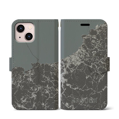 【益田（島根県）】地図柄iPhoneケース（手帳タイプ）モノトーン・iPhone 13 mini 用