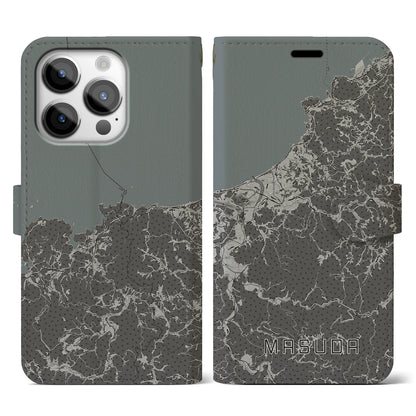 【益田（島根県）】地図柄iPhoneケース（手帳タイプ）モノトーン・iPhone 14 Pro 用