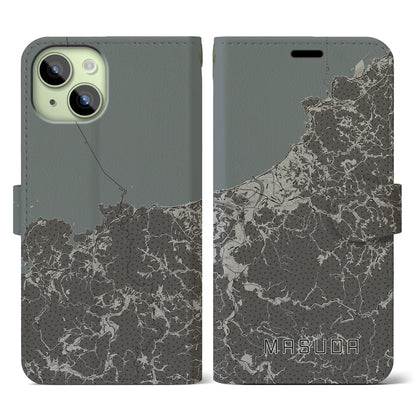 【益田（島根県）】地図柄iPhoneケース（手帳タイプ）モノトーン・iPhone 15 用