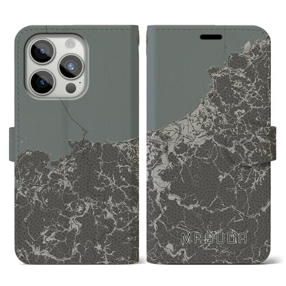 【益田（島根県）】地図柄iPhoneケース（手帳タイプ）モノトーン・iPhone 15 Pro 用