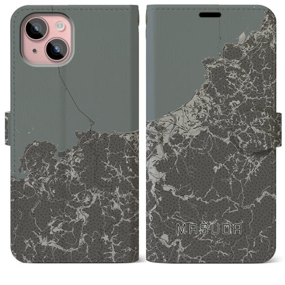 【益田（島根県）】地図柄iPhoneケース（手帳タイプ）モノトーン・iPhone 15 Plus 用