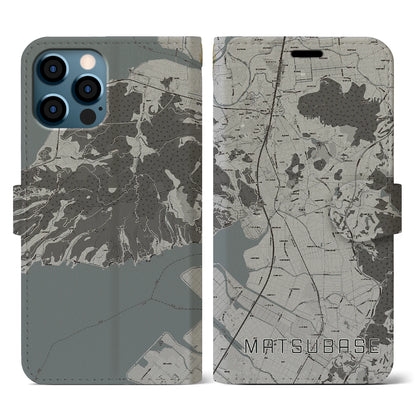 【松橋（熊本県）】地図柄iPhoneケース（手帳タイプ）モノトーン・iPhone 12 / 12 Pro 用