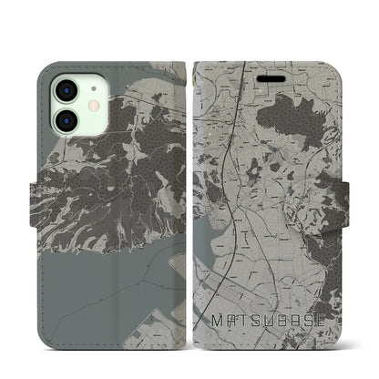 【松橋（熊本県）】地図柄iPhoneケース（手帳タイプ）モノトーン・iPhone 12 mini 用