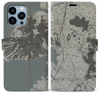 【松橋（熊本県）】地図柄iPhoneケース（手帳タイプ）モノトーン・iPhone 13 Pro Max 用