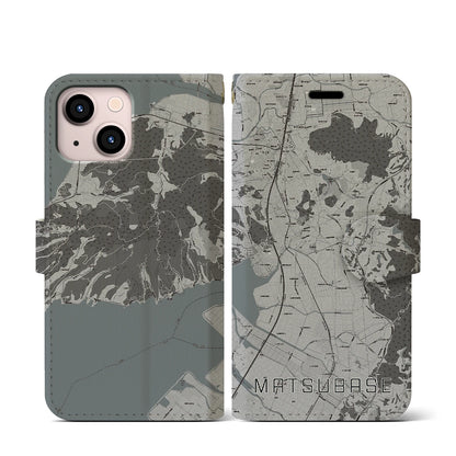 【松橋（熊本県）】地図柄iPhoneケース（手帳タイプ）モノトーン・iPhone 13 mini 用