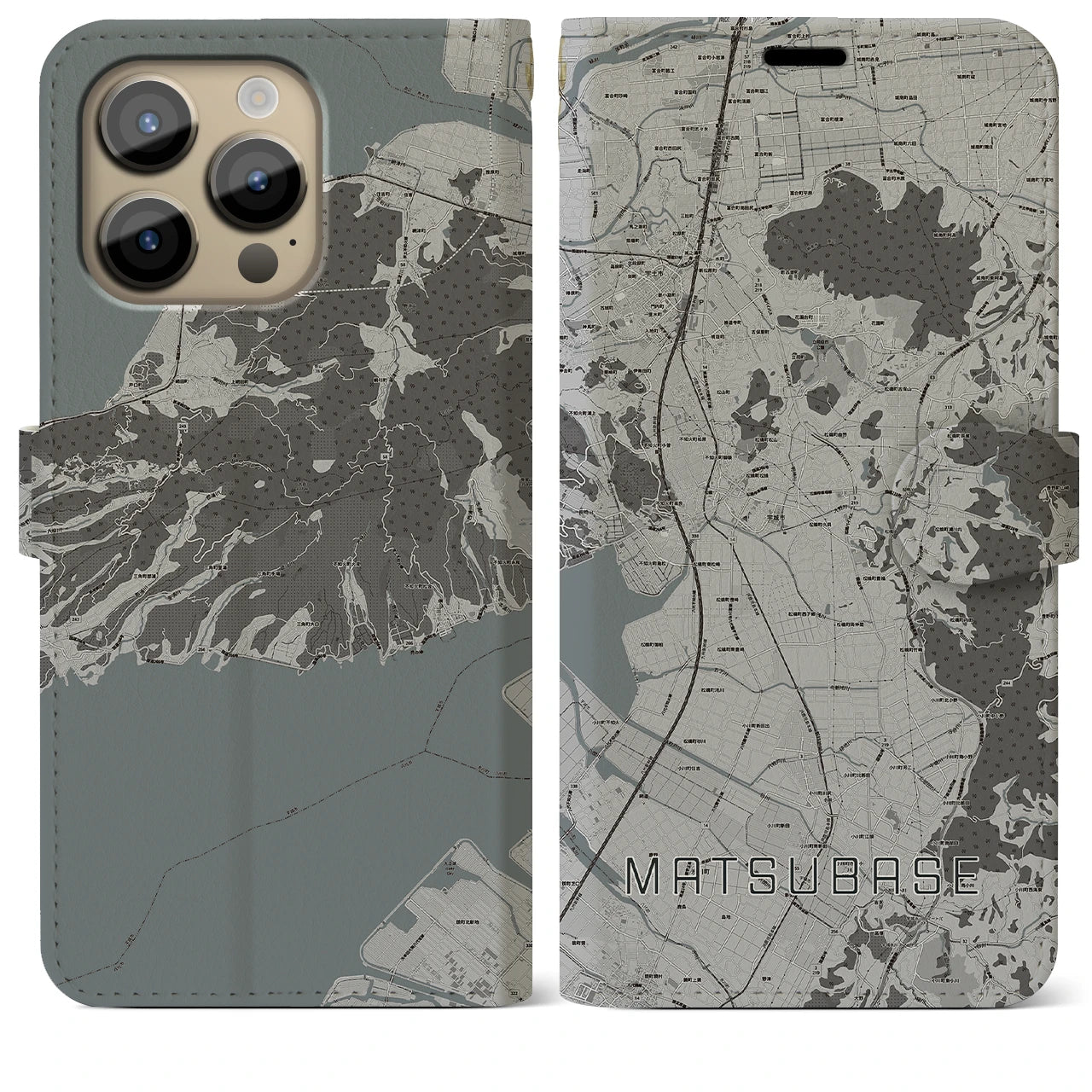 【松橋】地図柄iPhoneケース（手帳両面タイプ・モノトーン）iPhone 14 Pro Max 用