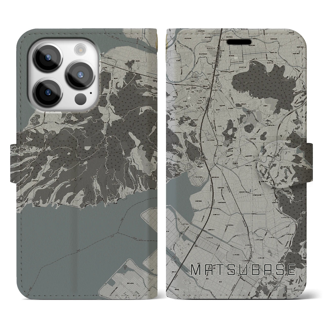 【松橋】地図柄iPhoneケース（手帳両面タイプ・モノトーン）iPhone 14 Pro 用