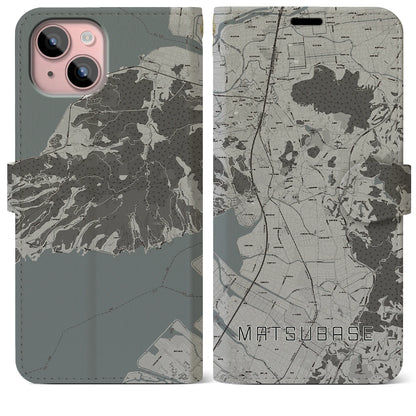 【松橋（熊本県）】地図柄iPhoneケース（手帳タイプ）モノトーン・iPhone 15 Plus 用