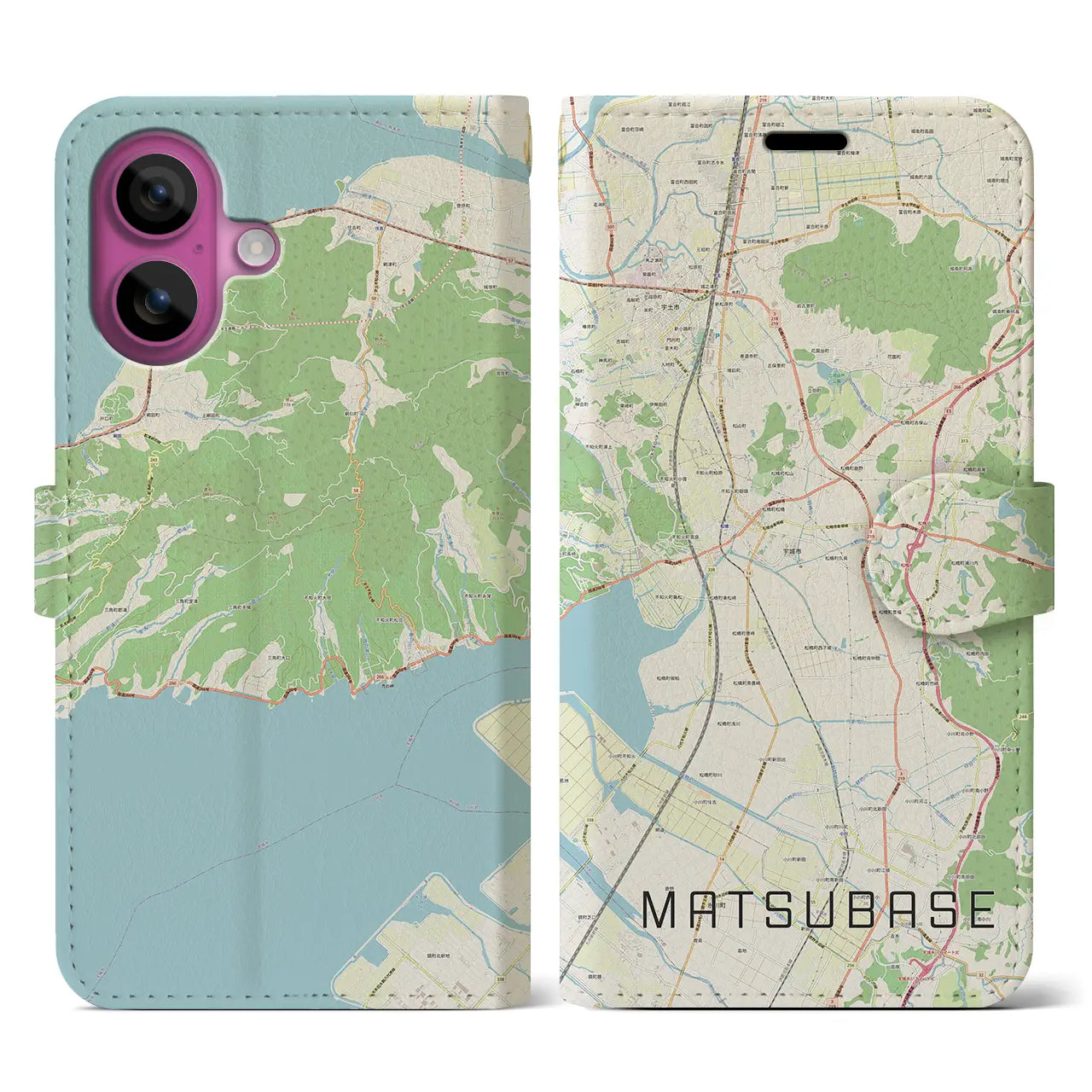 【松橋（熊本県）】地図柄iPhoneケース（手帳タイプ）ナチュラル・iPhone 16 Pro 用