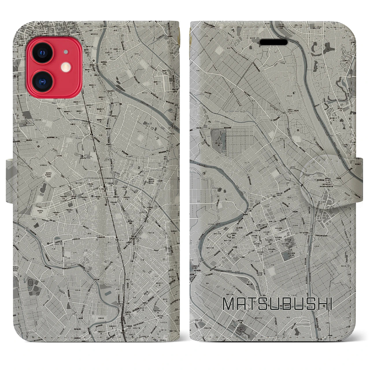 【松伏（埼玉県）】地図柄iPhoneケース（手帳タイプ）モノトーン・iPhone 11 用