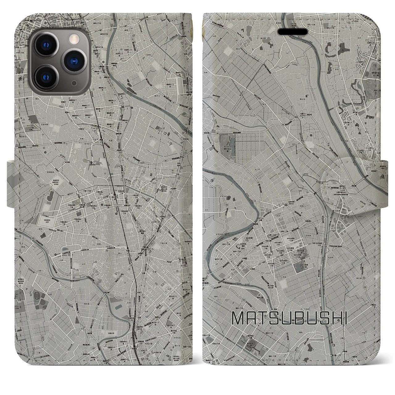 【松伏】地図柄iPhoneケース（手帳両面タイプ・モノトーン）iPhone 11 Pro Max 用
