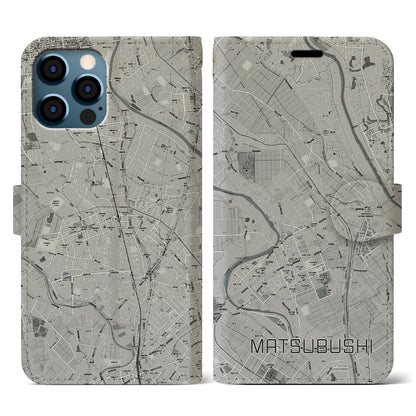 【松伏（埼玉県）】地図柄iPhoneケース（手帳タイプ）モノトーン・iPhone 12 / 12 Pro 用