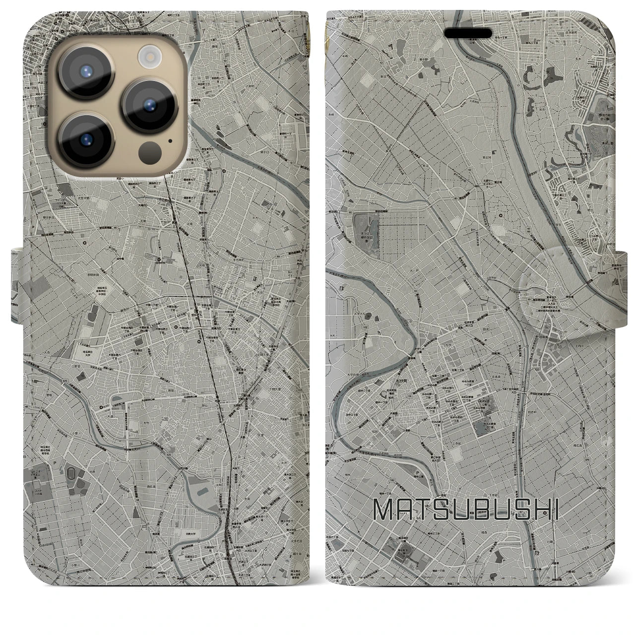 【松伏】地図柄iPhoneケース（手帳両面タイプ・モノトーン）iPhone 14 Pro Max 用