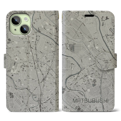 【松伏（埼玉県）】地図柄iPhoneケース（手帳タイプ）モノトーン・iPhone 15 用