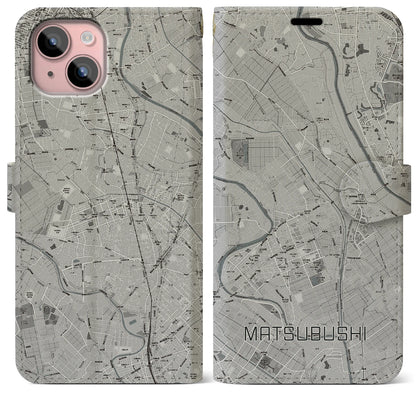 【松伏（埼玉県）】地図柄iPhoneケース（手帳タイプ）モノトーン・iPhone 15 Plus 用