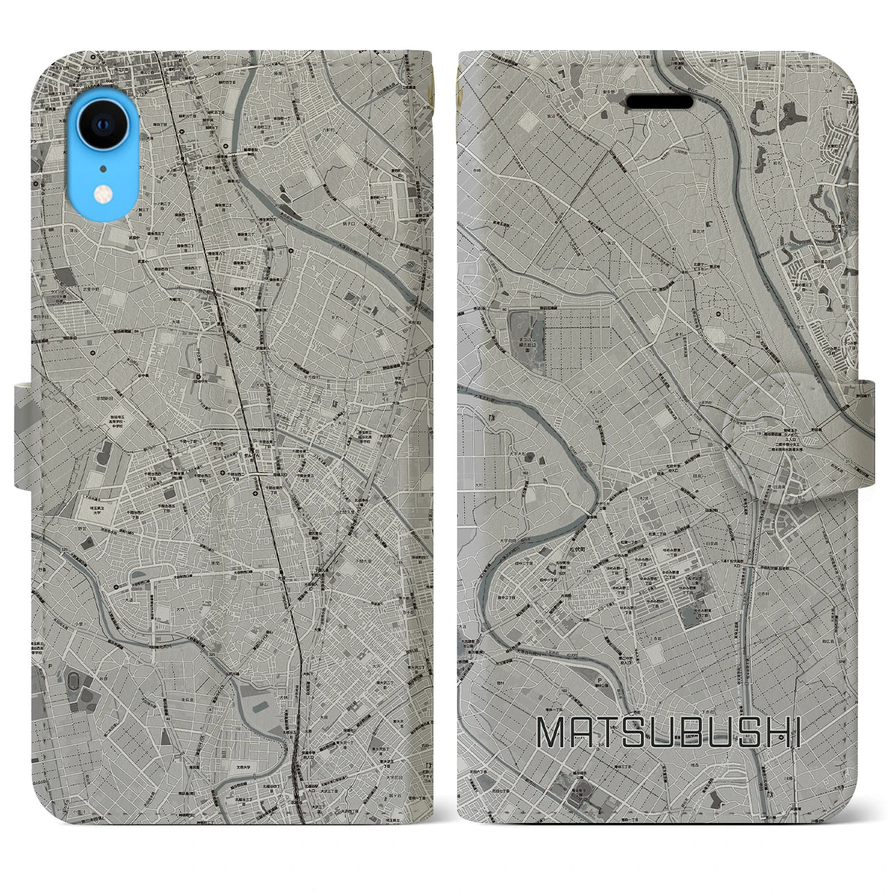 【松伏（埼玉県）】地図柄iPhoneケース（手帳タイプ）モノトーン・iPhone XR 用