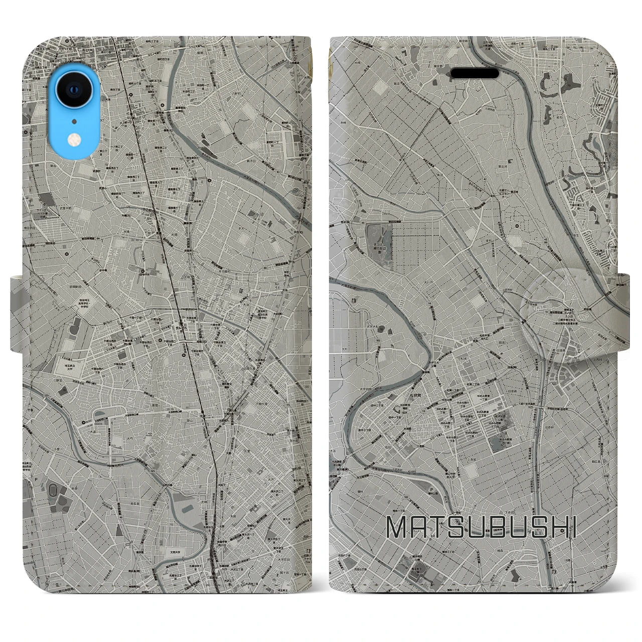 【松伏】地図柄iPhoneケース（手帳両面タイプ・モノトーン）iPhone XR 用