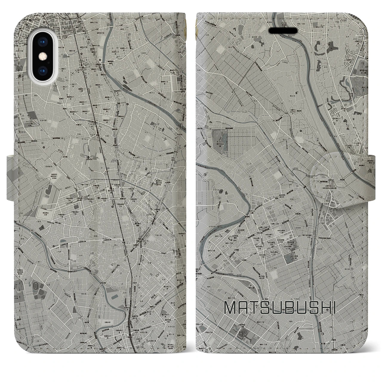 【松伏（埼玉県）】地図柄iPhoneケース（手帳タイプ）モノトーン・iPhone XS Max 用