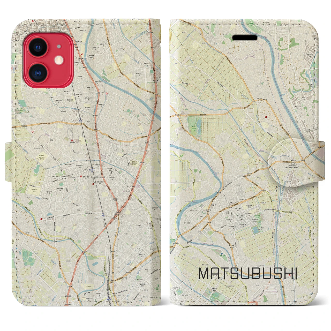 【松伏（埼玉県）】地図柄iPhoneケース（手帳タイプ）ナチュラル・iPhone 11 用