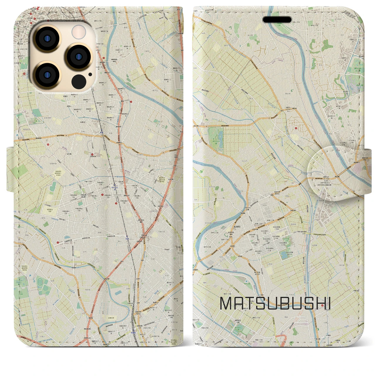 【松伏（埼玉県）】地図柄iPhoneケース（手帳タイプ）ナチュラル・iPhone 12 Pro Max 用