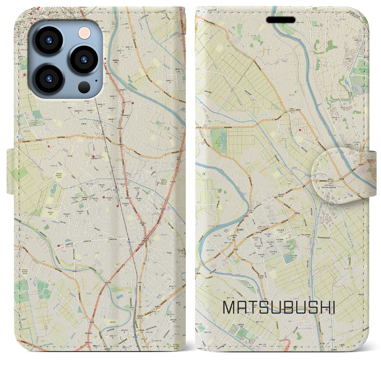 【松伏（埼玉県）】地図柄iPhoneケース（手帳タイプ）ナチュラル・iPhone 13 Pro Max 用