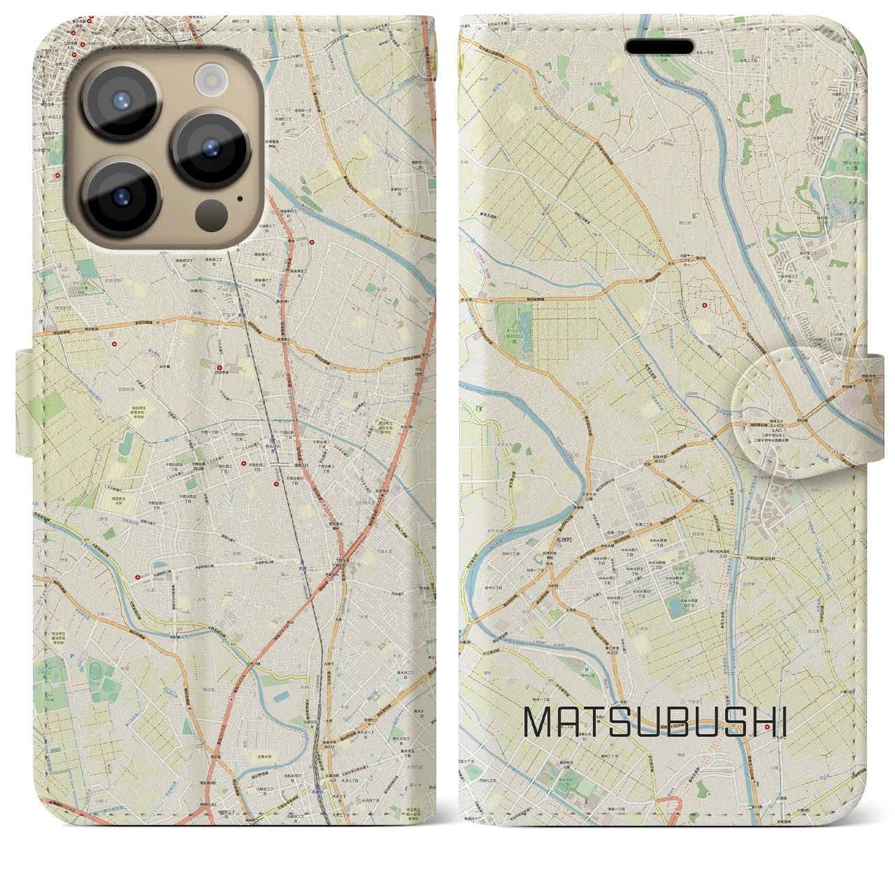 【松伏（埼玉県）】地図柄iPhoneケース（手帳タイプ）ナチュラル・iPhone 14 Pro Max 用