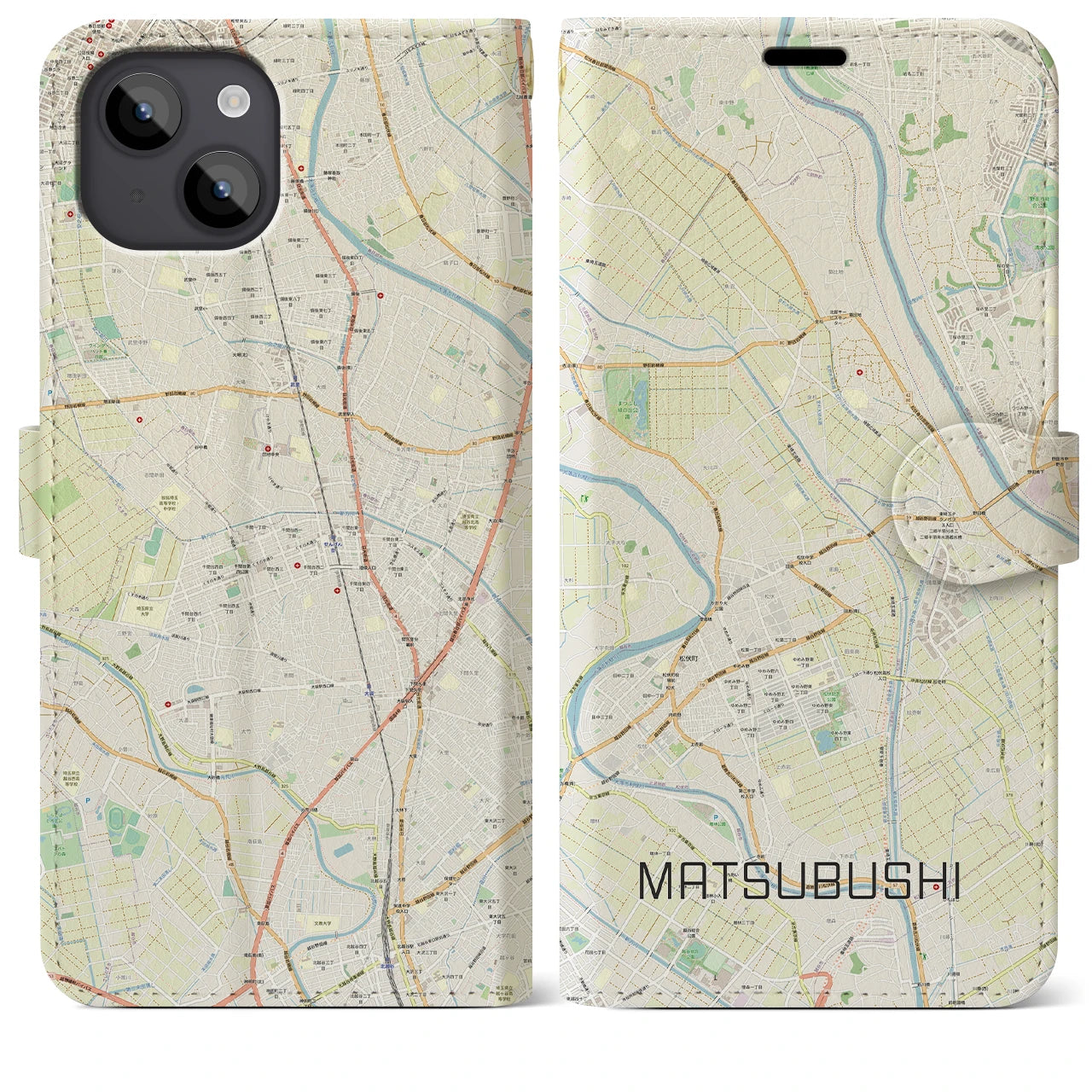 【松伏（埼玉県）】地図柄iPhoneケース（手帳タイプ）ナチュラル・iPhone 14 Plus 用