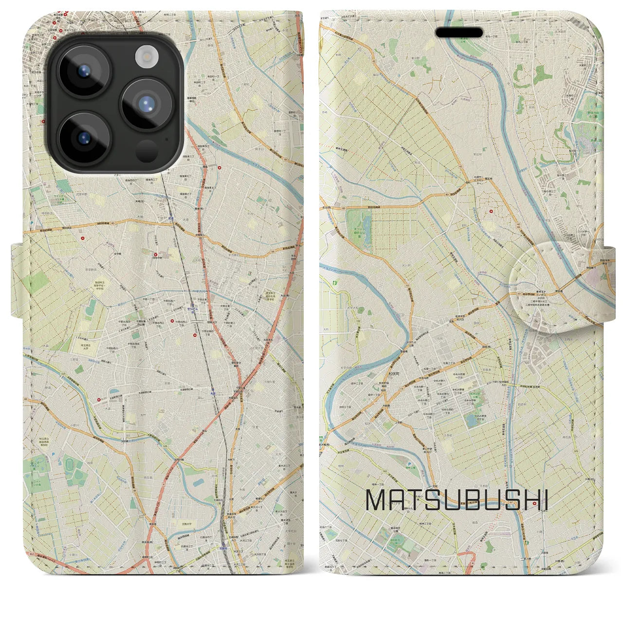 【松伏（埼玉県）】地図柄iPhoneケース（手帳タイプ）ナチュラル・iPhone 15 Pro Max 用