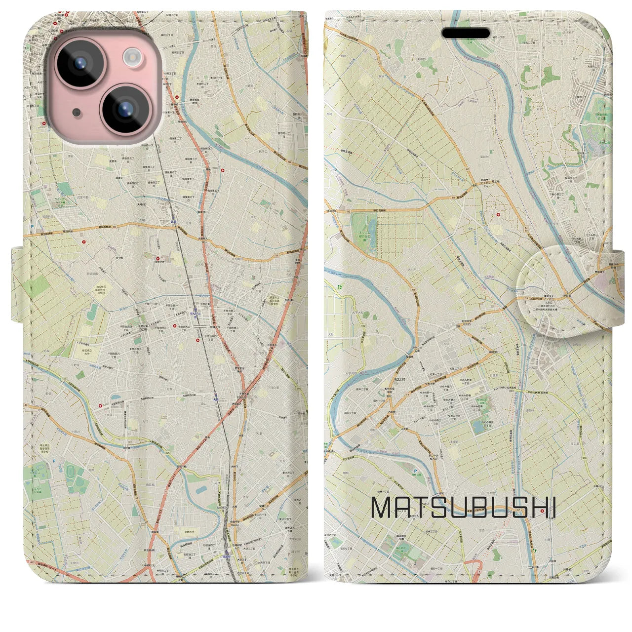 【松伏（埼玉県）】地図柄iPhoneケース（手帳タイプ）ナチュラル・iPhone 15 Plus 用