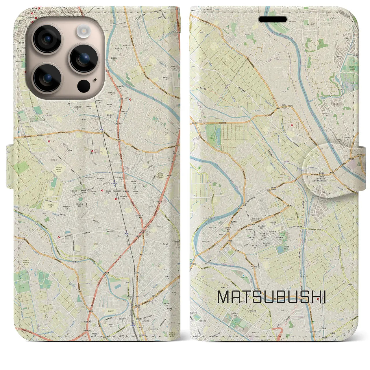 【松伏（埼玉県）】地図柄iPhoneケース（手帳タイプ）ナチュラル・iPhone 16 Plus 用