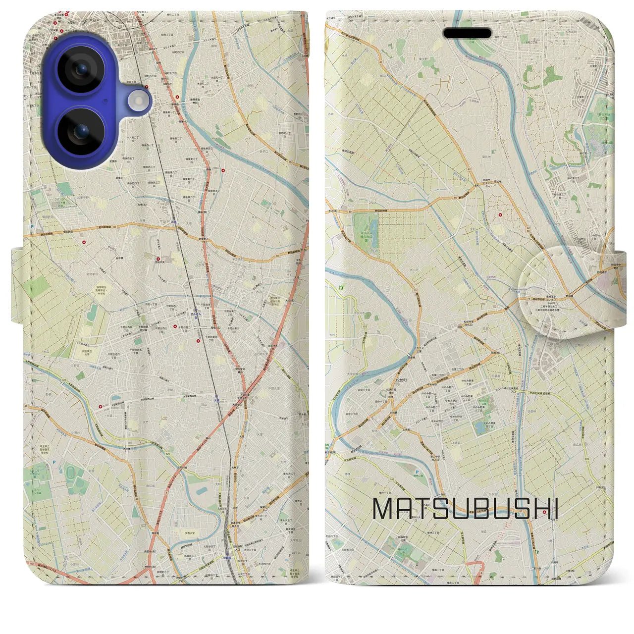 【松伏（埼玉県）】地図柄iPhoneケース（手帳タイプ）ナチュラル・iPhone 16 Pro Max 用