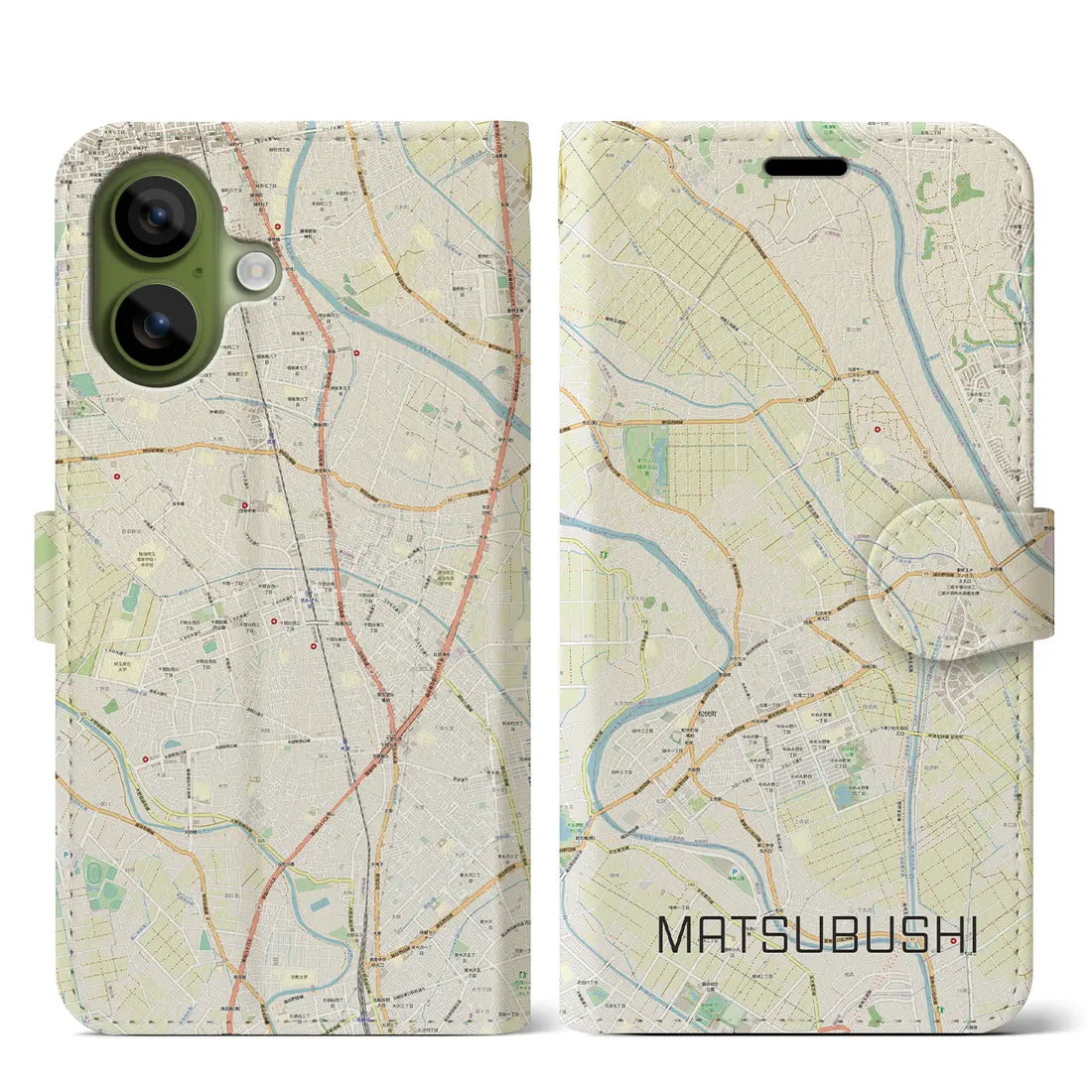 【松伏（埼玉県）】地図柄iPhoneケース（手帳タイプ）ナチュラル・iPhone 17 Pro Max 用