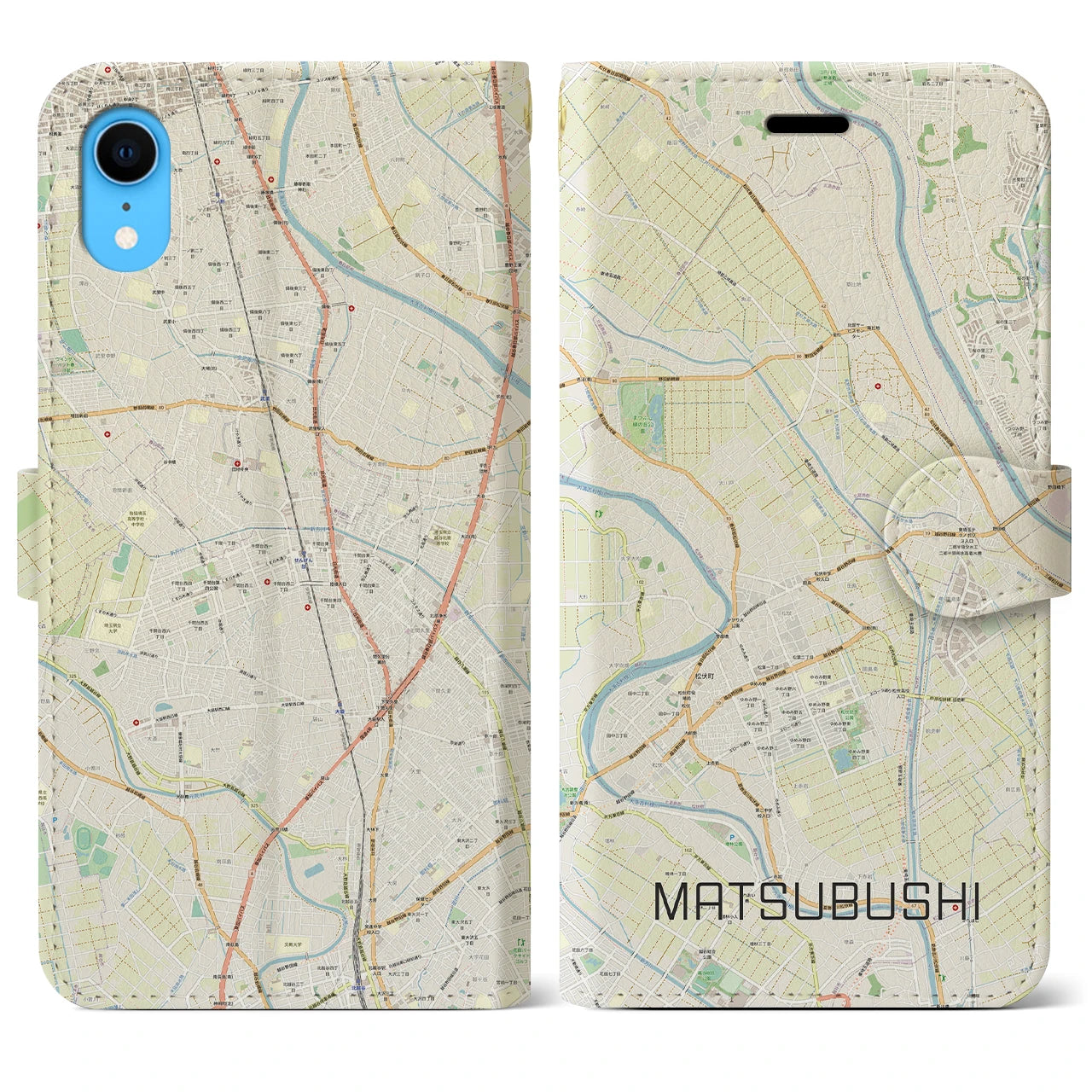 【松伏（埼玉県）】地図柄iPhoneケース（手帳タイプ）ナチュラル・iPhone XR 用