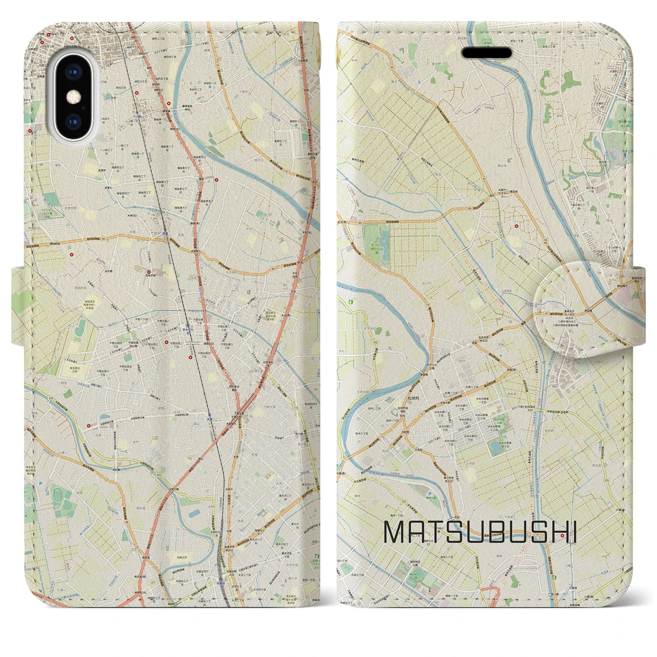 【松伏（埼玉県）】地図柄iPhoneケース（手帳タイプ）ナチュラル・iPhone XS Max 用