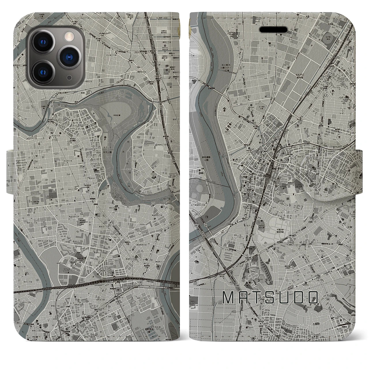 【松戸】地図柄iPhoneケース（手帳両面タイプ・モノトーン）iPhone 11 Pro Max 用