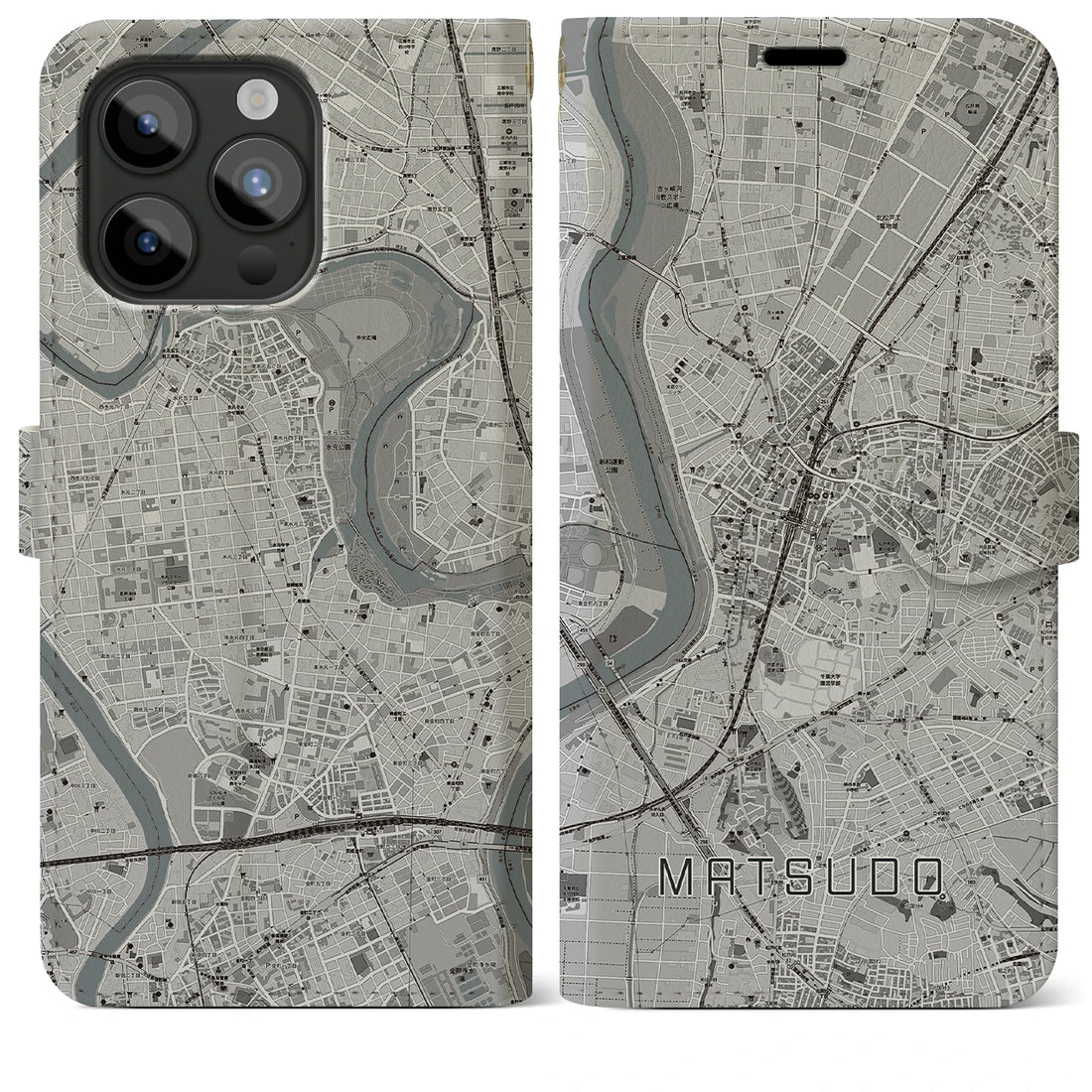 【松戸】地図柄iPhoneケース（手帳両面タイプ・モノトーン）iPhone 15 Pro Max 用
